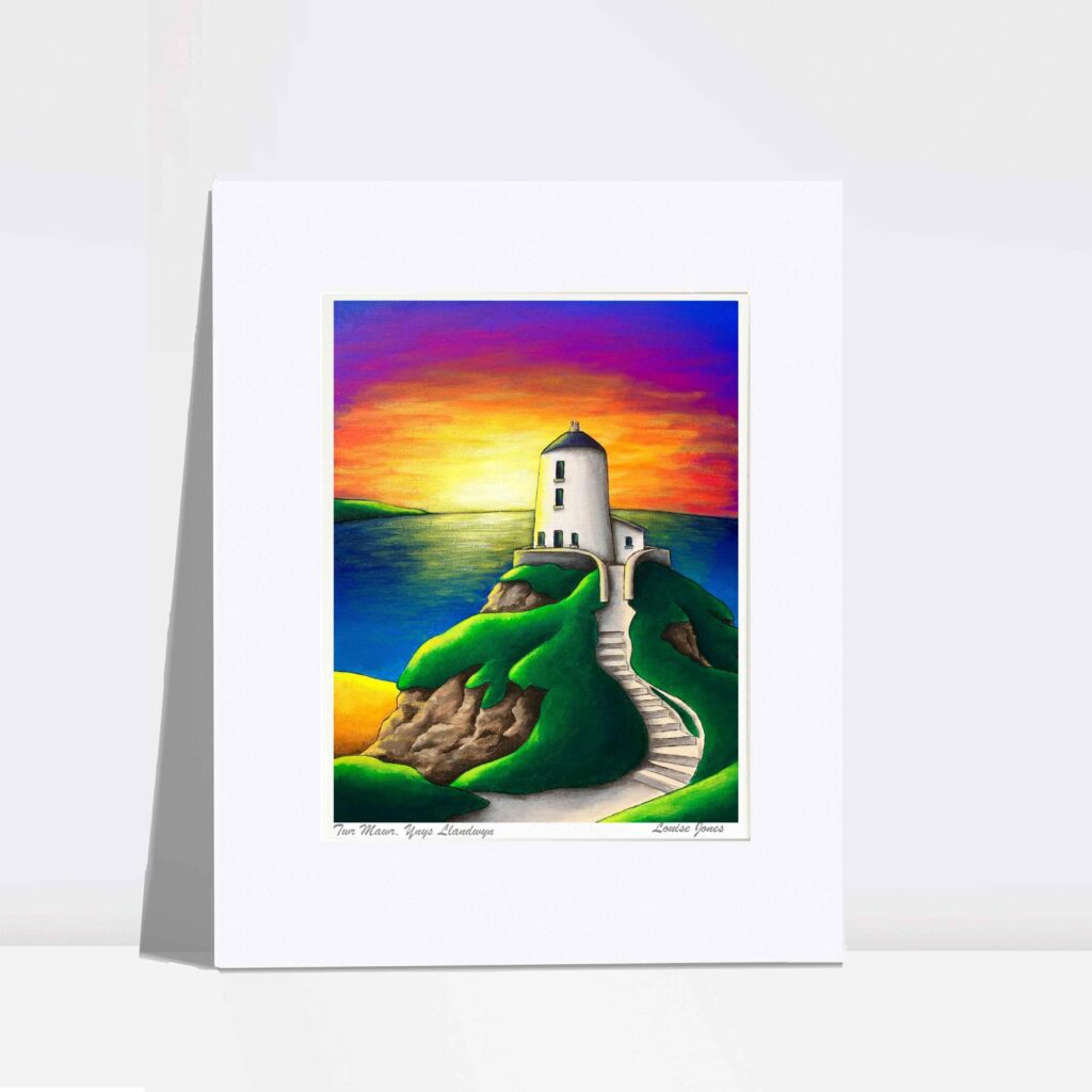 A mounted print of Twr Mawr, Ynys Llandwyn. The image is a bright colour print in a childlike style.