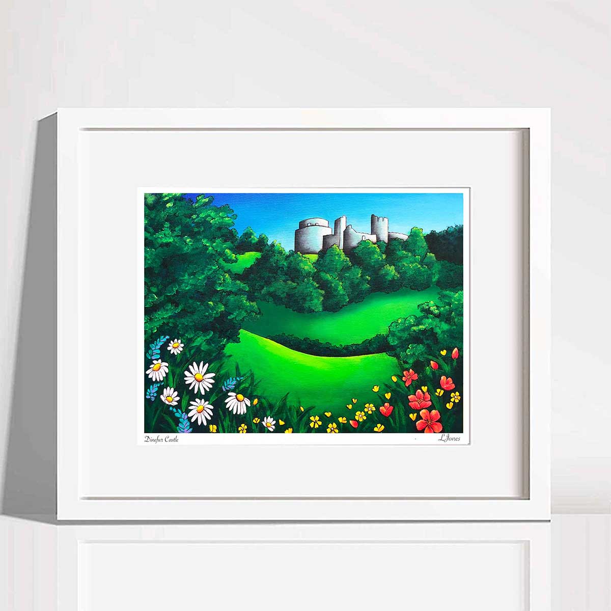 Fine art Dinefwr Castle art print in a white frame on a plain background